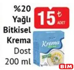 DOST %20 YAĞLI BİTKİSEL KREMA 200 ML